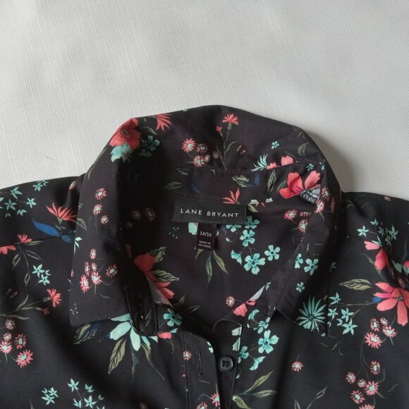 Lane Bryant Black and Colorful Floral Print Roll Tab Sleeve Button Blouse 14 16 - Picture 10 of 12